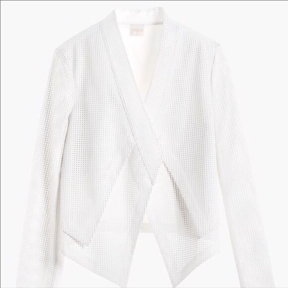 White Perforated Faux Leather Long Sleeve Open Front Blazer Cropped Jacket NEW - Picture 4 of 4